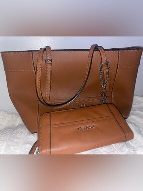 GUESS Brown Saffiano Leather Logo Tote with Chain Charm